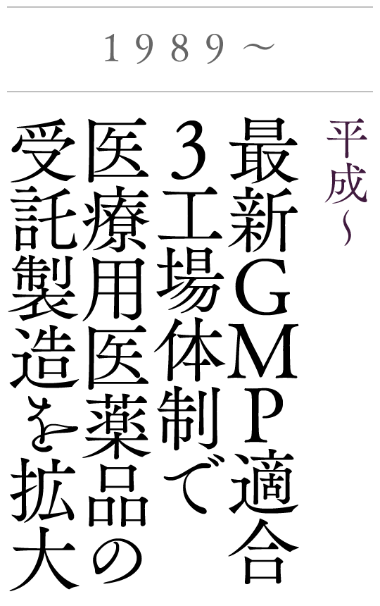 1989〜　平成〜　最新GMP適合3工場体制で医療用医薬品の受託製造を拡大