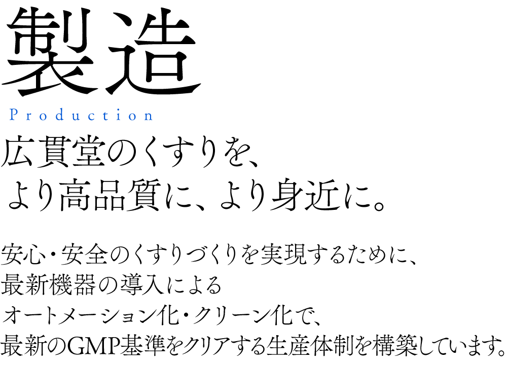 製造　広貫堂のくすりを、より高品質に、より身近に。　安心・安全のくすりづくりを実現するために、最新機器の導入によるオートメーション化・クリーン化で、最新のGMP基準をクリアする生産体制を構築しています。